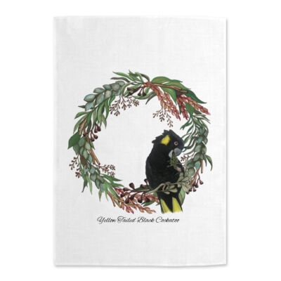 Yellow Tailed Black Cockatoo Wreath Tea Towel Thumbnail